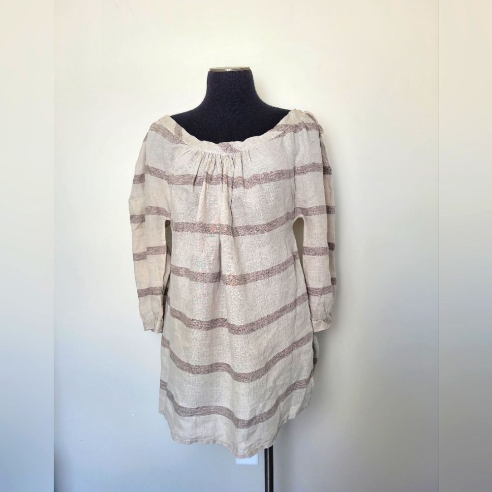 La Bottega di Brunella 100% Linen Tunic Blouse Top Flax Striped Summer Flowy